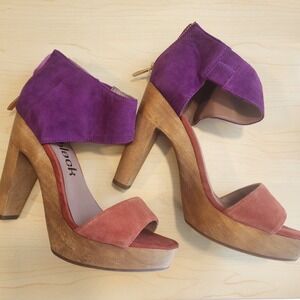 Dani Black 7.5 M High Heel Suede Wood Platform Sandals Purple Orange 70s Disco